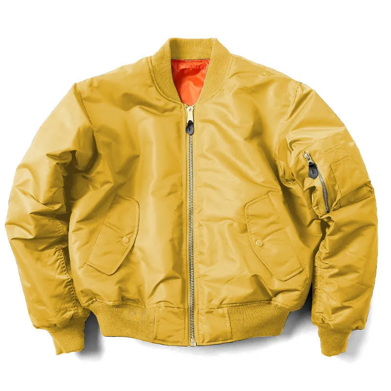 Men's army green cotton-padded pilot jacket with a loose fit and zipper front.