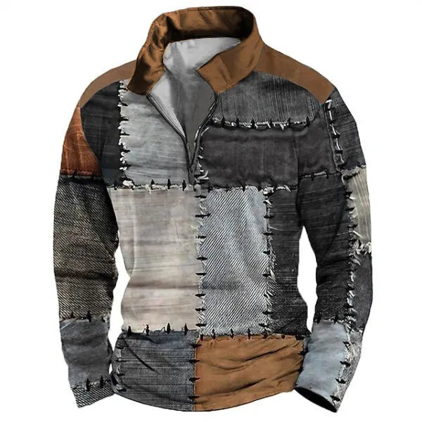Men's retro colour print golf top with striped pattern and zipper decorations on polyester bird eye cloth