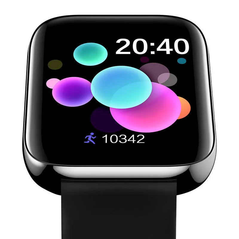 Smart bracelet with black silicone strap showing a 1.54-inch screen displaying call and blood pressure information.