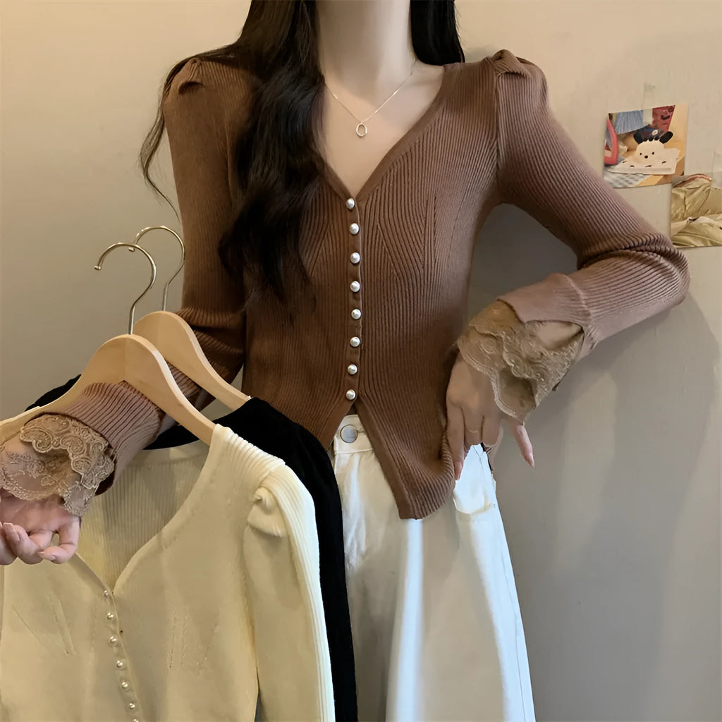 V-neck slim fit long sleeve top in mercerized cotton with lace stitching, shown in black, white, or brown, free size