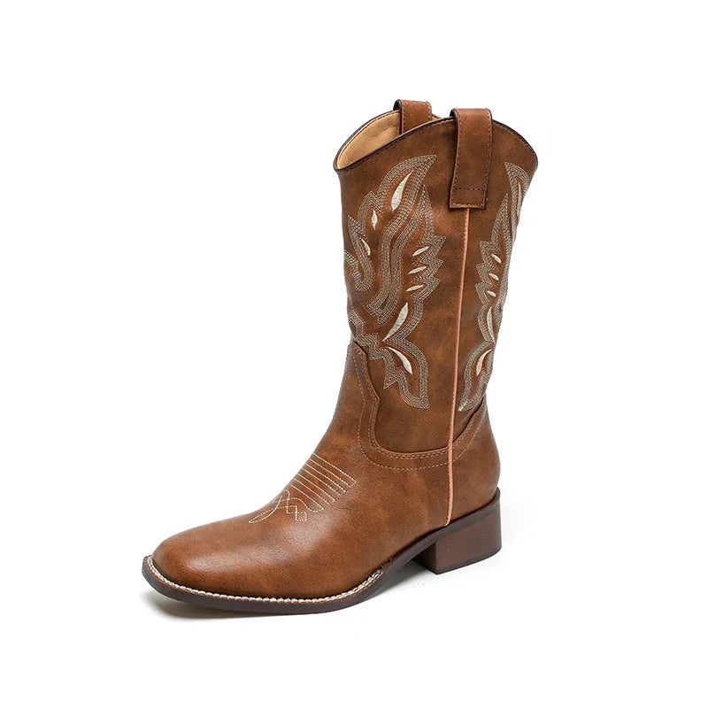 Brown women's mid-calf embroidered Martin boots with a round toe and low square heel