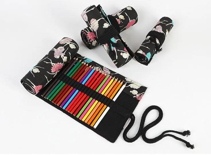 Square canvas rolling pencil case with ballet girl print design showing multiple pencil capacity options