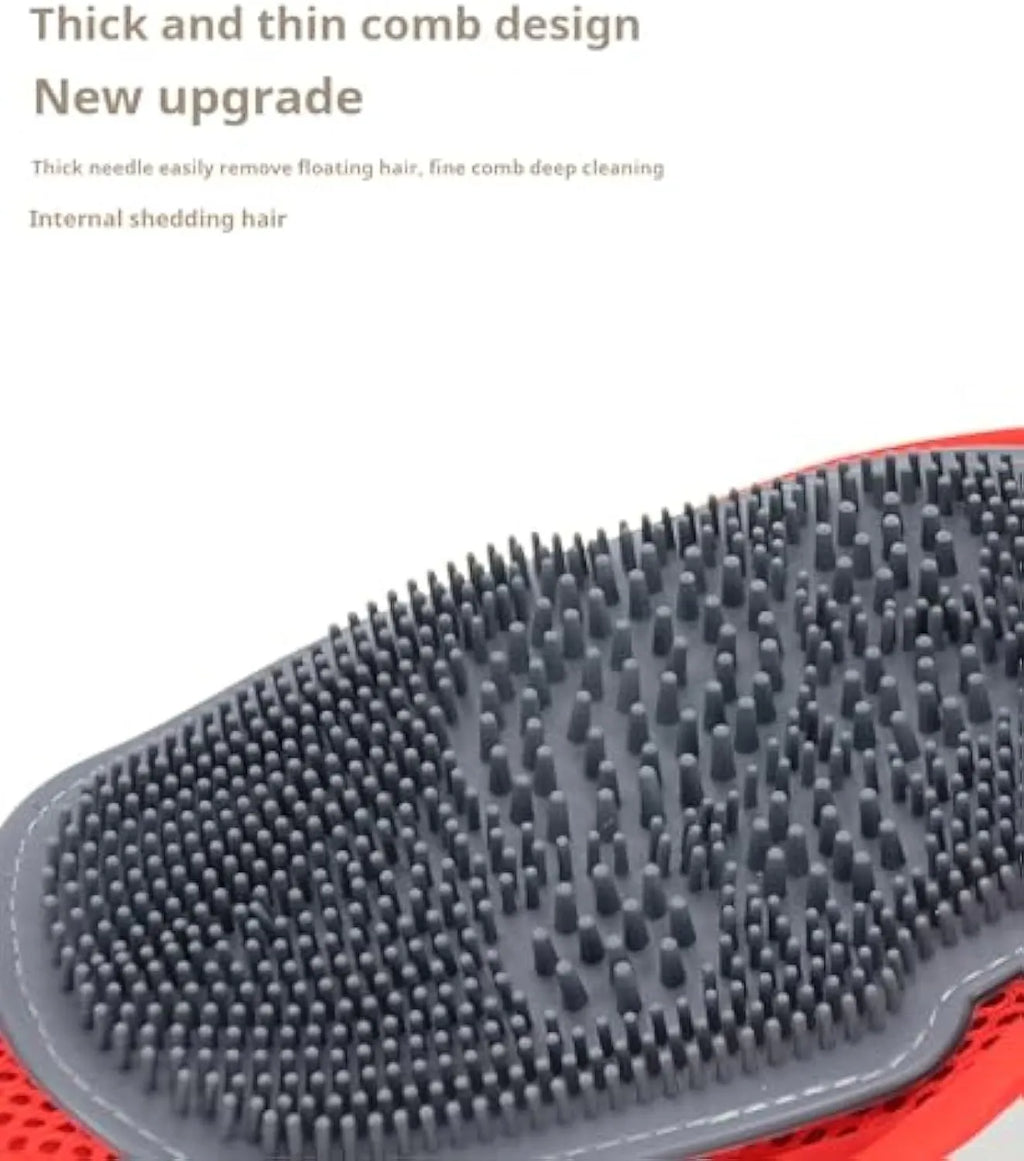 Red pet bathing glove with integrated cleaning brush for dog and cat grooming