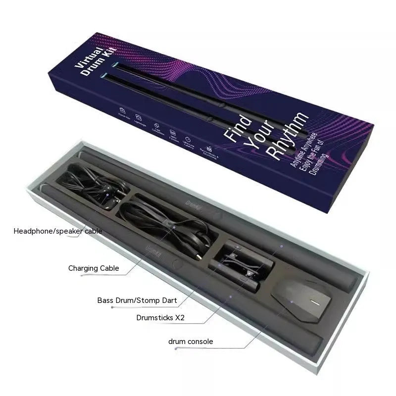 Black wireless somatosensory air drum kit host unit with drumsticks on a table.