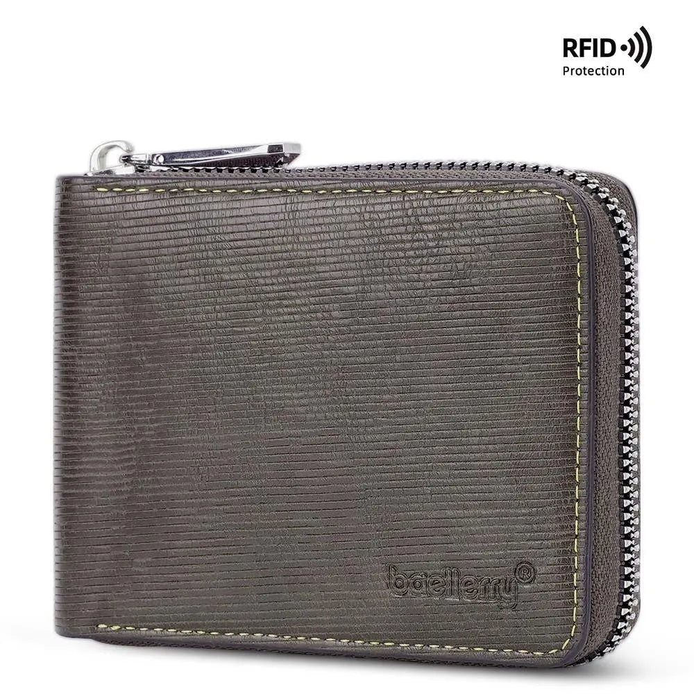 Black leather credit card wallet with embossed pattern and anti-theft zipper closure