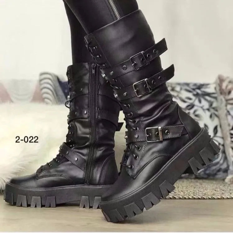 Women's black mid-calf knight boots with side zip and metal buckle details on artificial PU upper