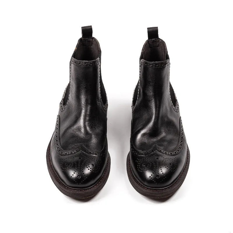 Men's Chelsea boots with brogue carved genuine leather upper in black or curry, rubber sole, 3-5cm heel