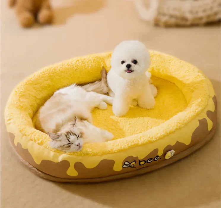 Grey and yellow washable pet bed for dogs and cats with detachable velvet lining