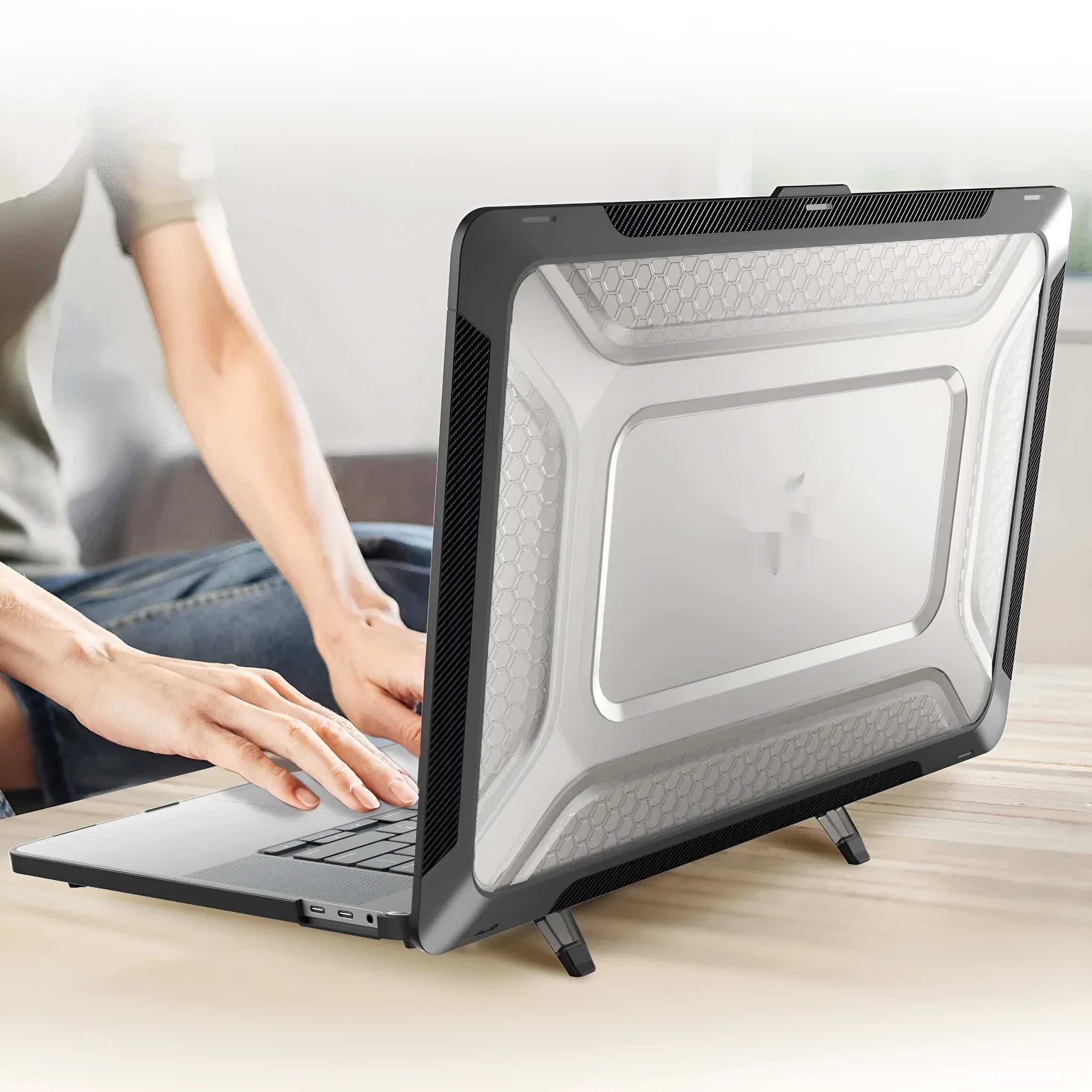 MacBook protective hard shell case in cold black, starry sky grey, elegant apricot, and sapphire blue colours.