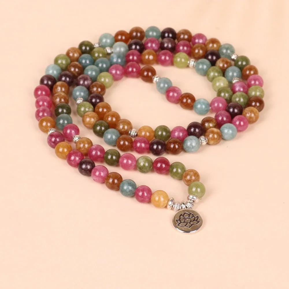 108-bead multi-layer bracelet with lotus design and tourmaline colour on hanging strings