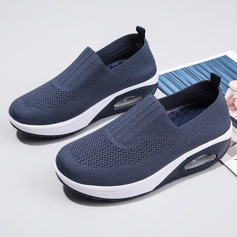 Women's mid heel mesh running shoes with air cushion and round toe in beige artificial PU