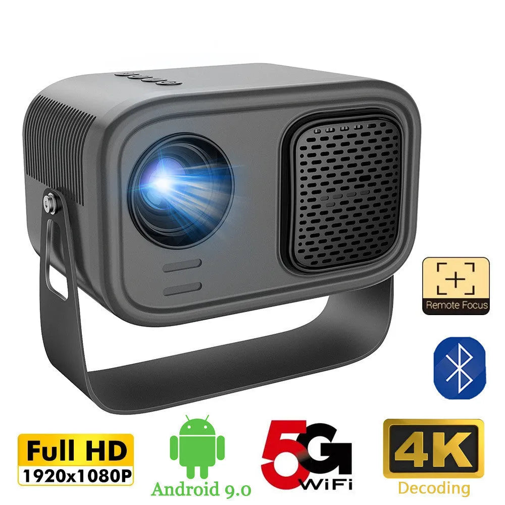 Black portable smart projector with Android system, remote control, and power cables
