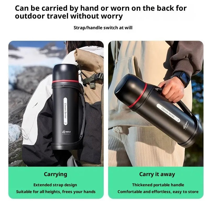 1200ml stainless steel insulated travel mug with double lid in black green or natural colour