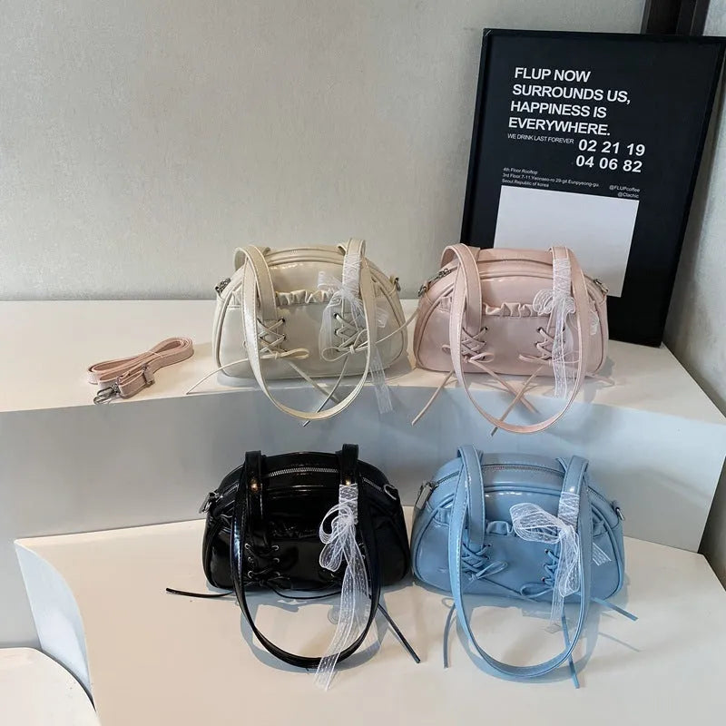 Women's bandage bow design PU leather shoulder handbag with mobile phone compartment in milky white colour