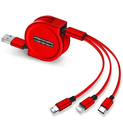 3 in 1 telescopic charging cable extended to show titanium alloy connectors and TPE wire body