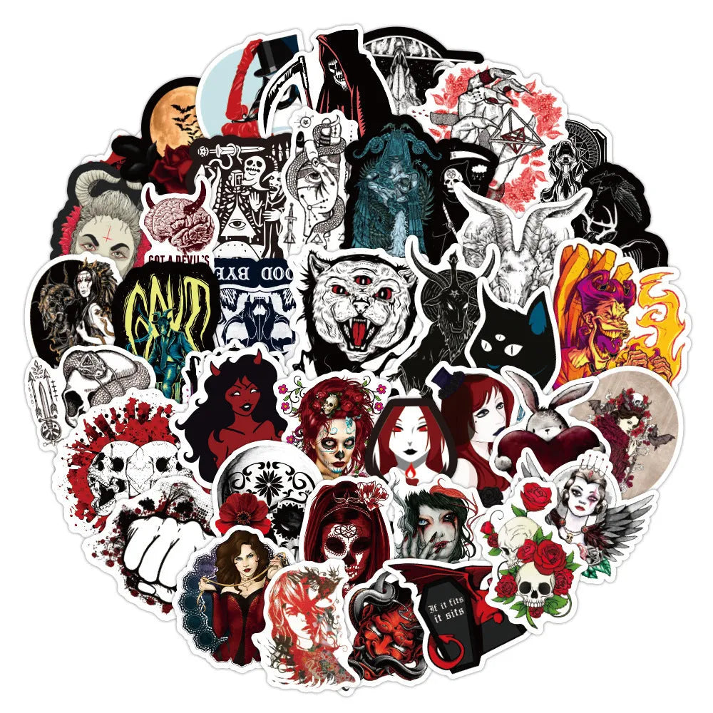 100 Gothic demon dark red graffiti stickers, PVC waterproof, 5-8cm, with OPP bag