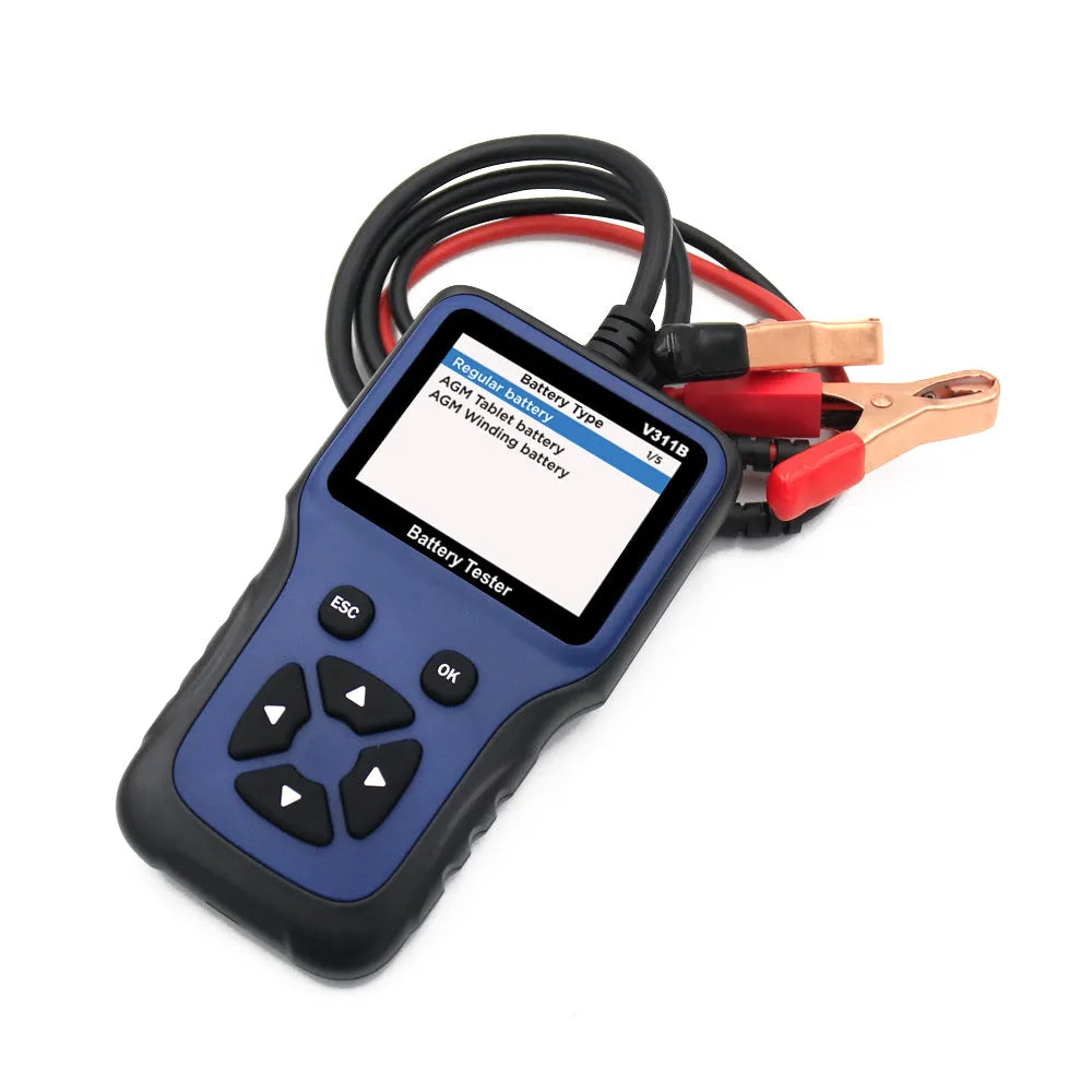 Car battery voltage tester with 2.8 inch colour screen, black and red alligator clips and 1m cable