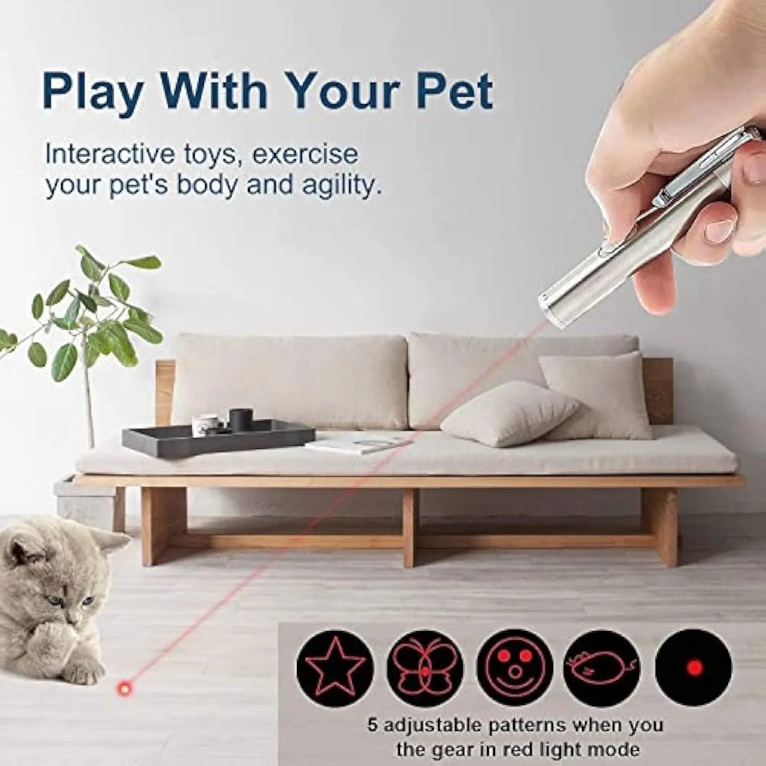 Silver aluminium cat laser pointer toy showing light patterns including red dot and mouse shape