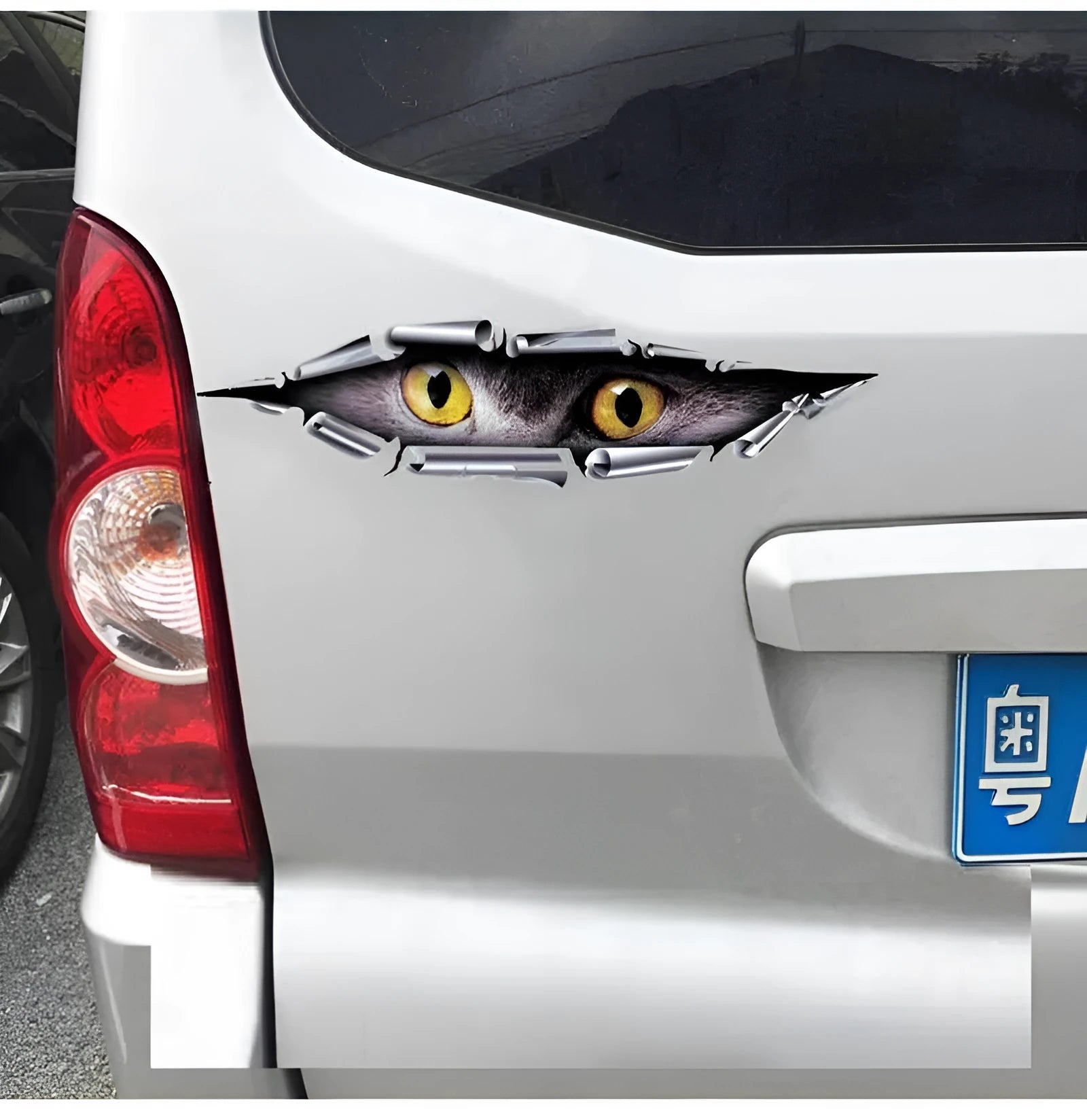 Close-up of a 3D transparent tiger eye car bumper sticker on a vehicle door.