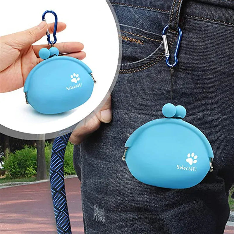 Yellow silicone dog treat storage bag with hook and loop closure measuring 9cm