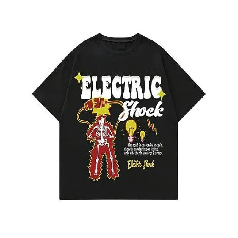 Men's printed street-style short-sleeve sports T-shirt on a hanger, showing digital print design.