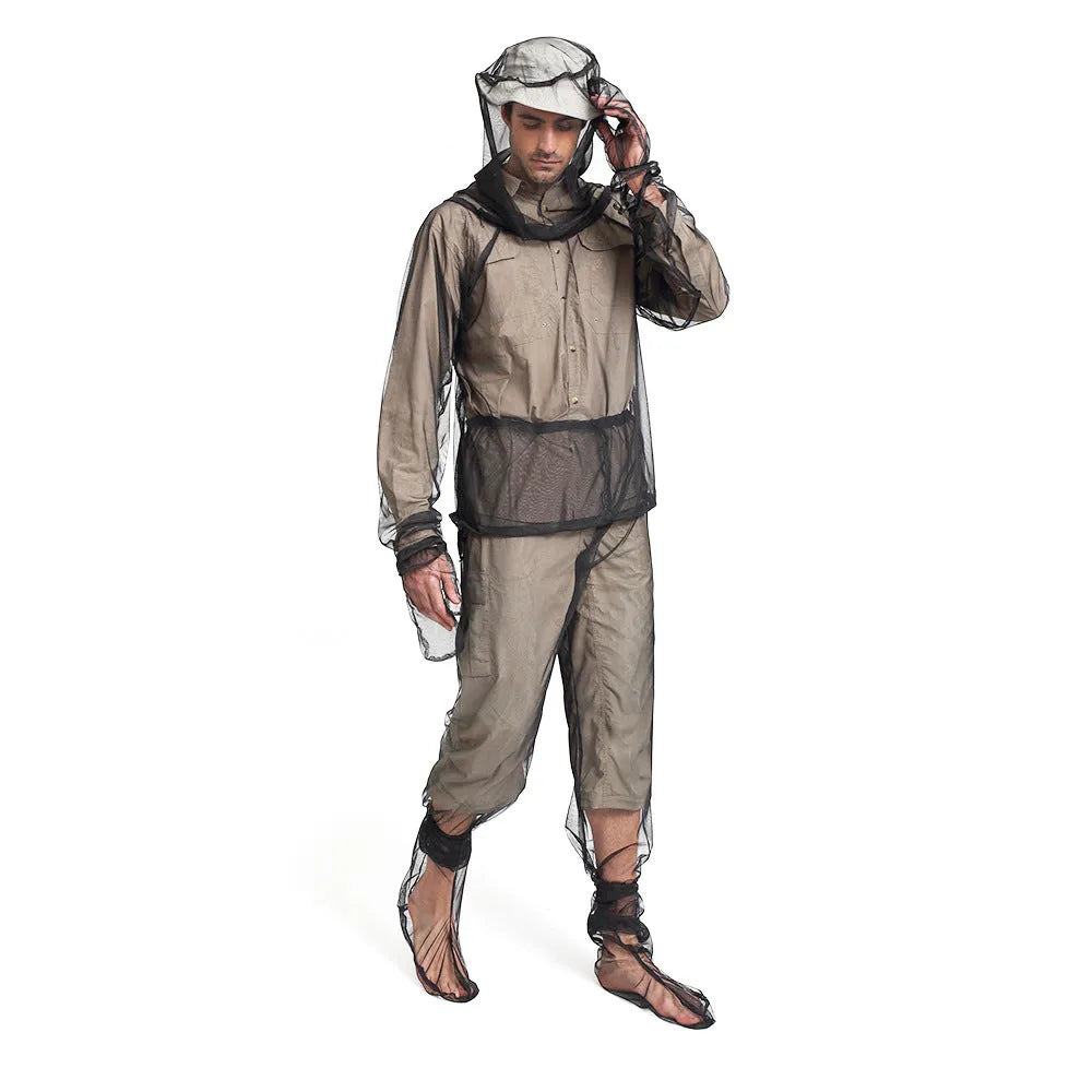 Unisex mesh anti mosquito suit four-piece set including hooded top, pants, and booties for outdoor camping.