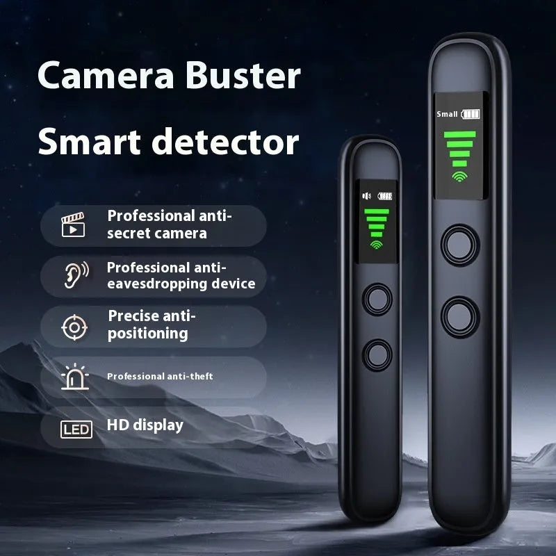 T66 black wireless camera detector with infrared alarm, sound and vibration modes, 5V, Type-C cable