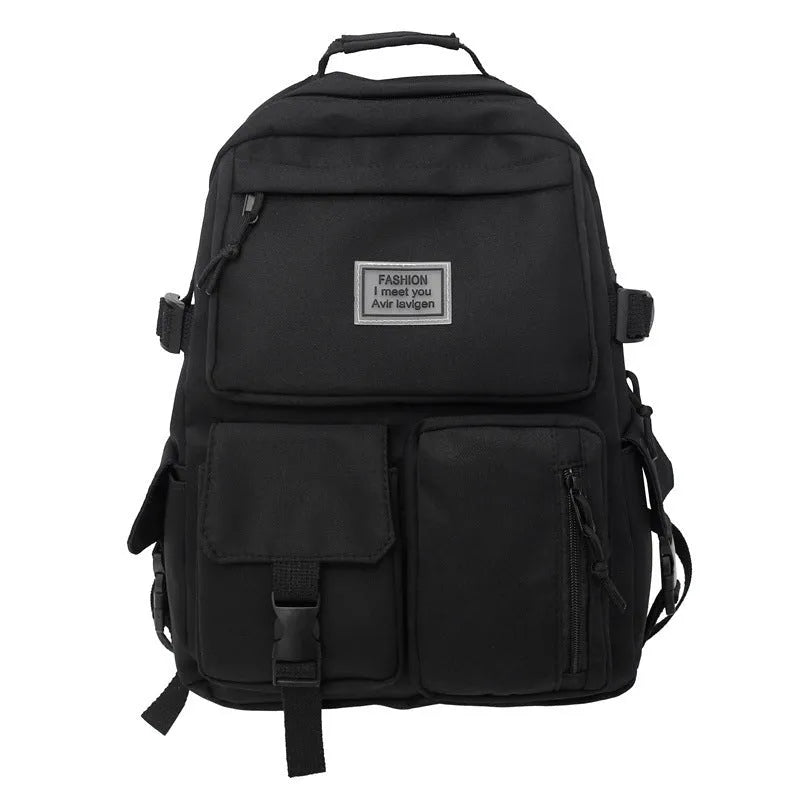 Student backpack with three-dimensional pockets and computer compartment in black colour