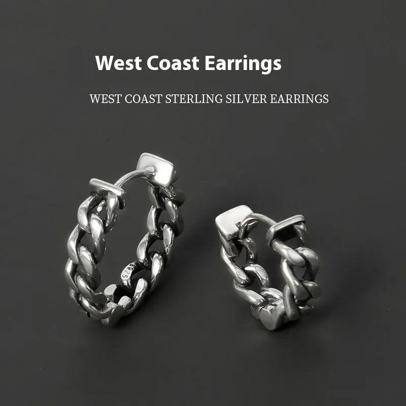 Silver geometric copper earrings for men in West Coast hip hop style, showing 10mm and 14mm size options.
