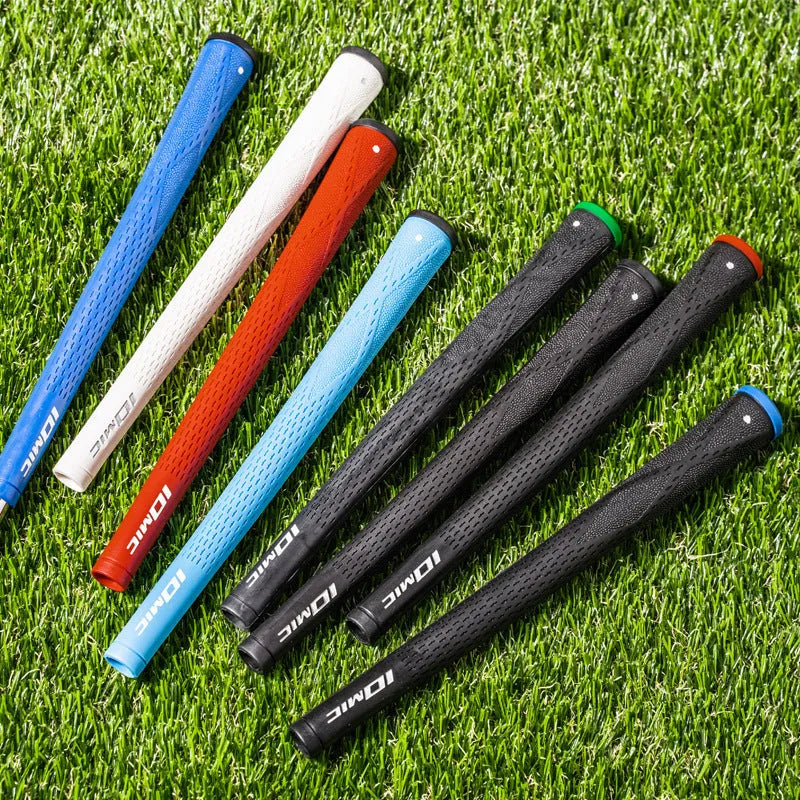 TPE golf club grip shown in multiple colour options including pink, red, blue, white, and black with red, green, or blue head.
