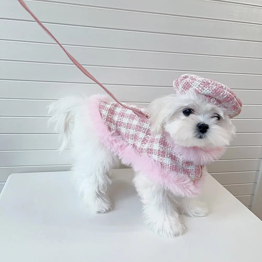 Pink cat costume set with cloak, beret and hand-holding rope