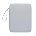 Imitation leather tablet protective case with a carry handle in light grey, shown next to a tablet.