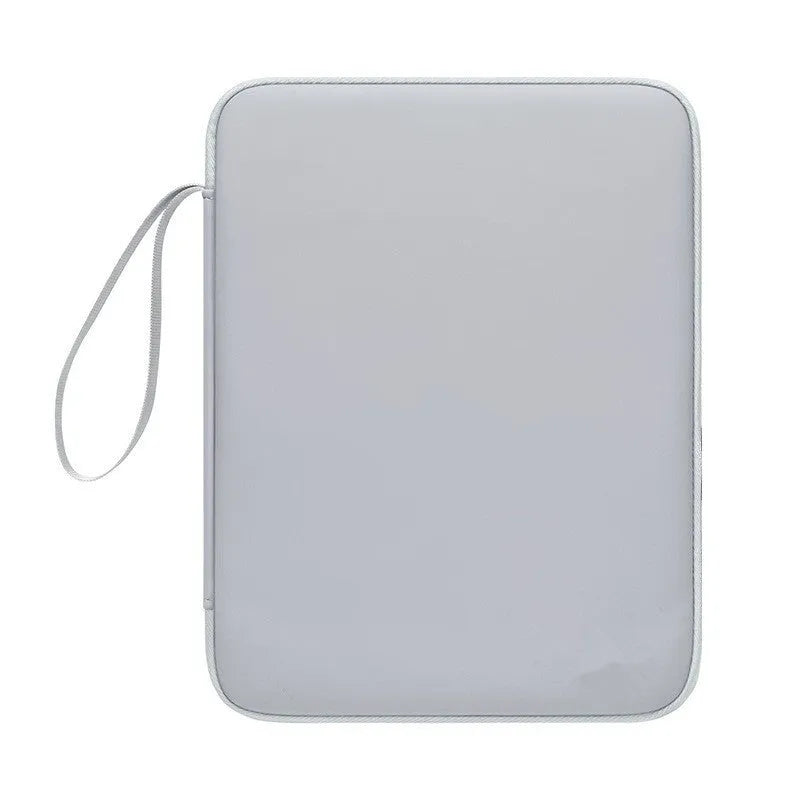 Imitation leather tablet protective case with a carry handle in light grey, shown next to a tablet.