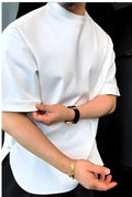 Men's white cotton T-shirt with a round hem and a buttoned feature on the front.