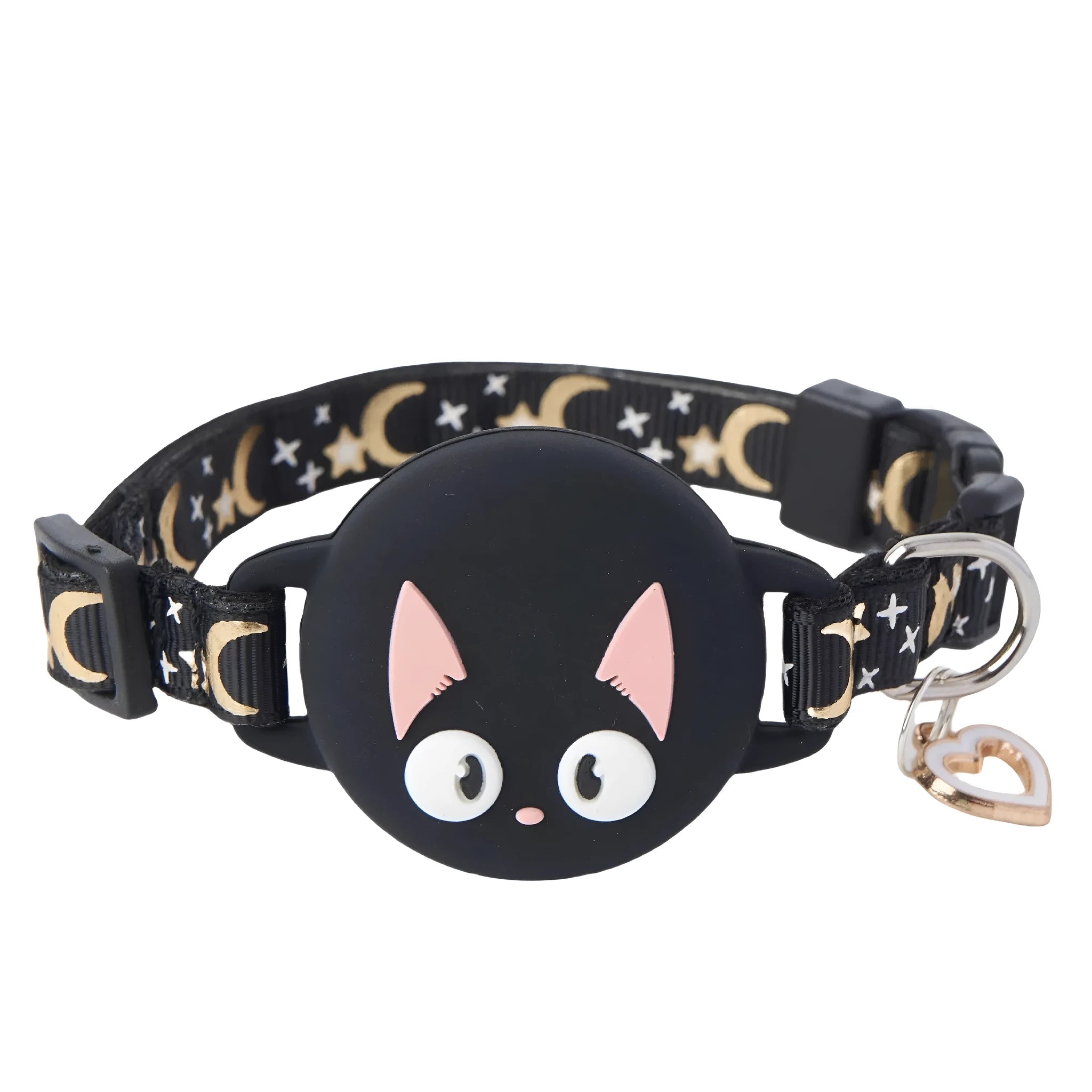 Apple AirTag protective case for cat collars in pink, blue, light green, and black colours showing S and M size options.