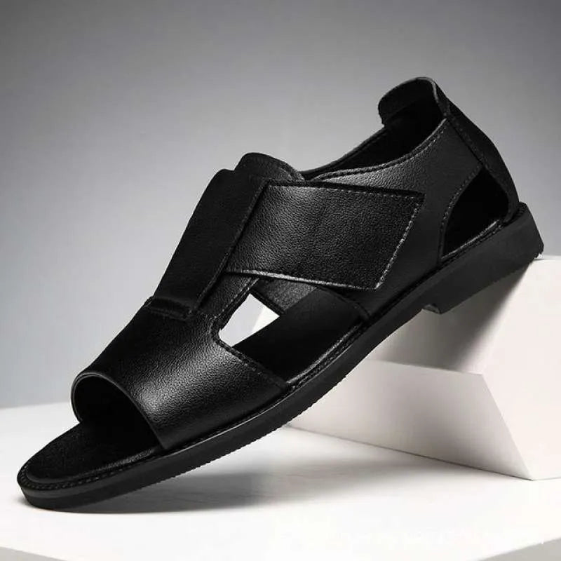 Men's black and brown casual sandals with cowhide upper and rubber sole