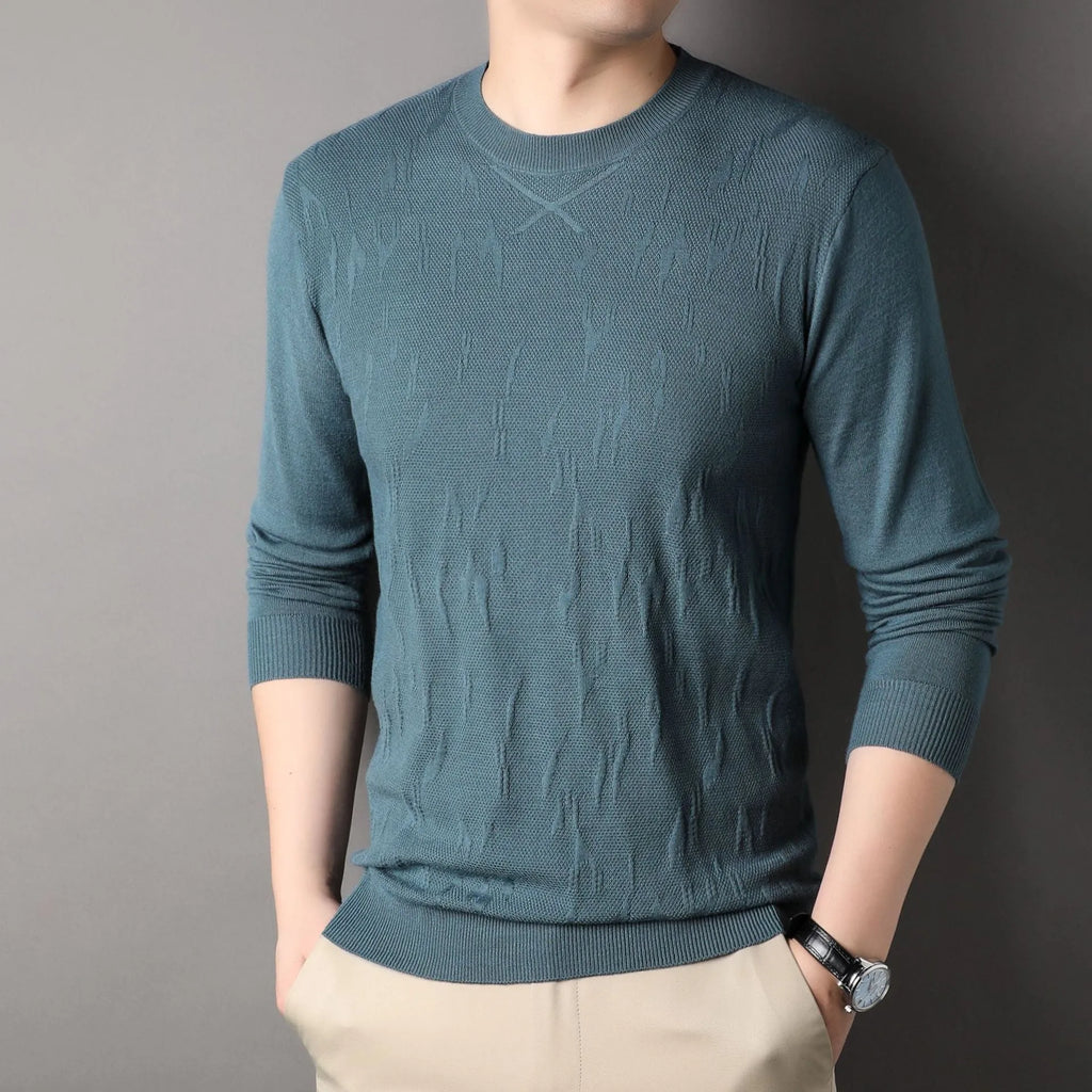 Men's loose fit solid colour long sleeve sweater in khaki, polyester fibre, front view
