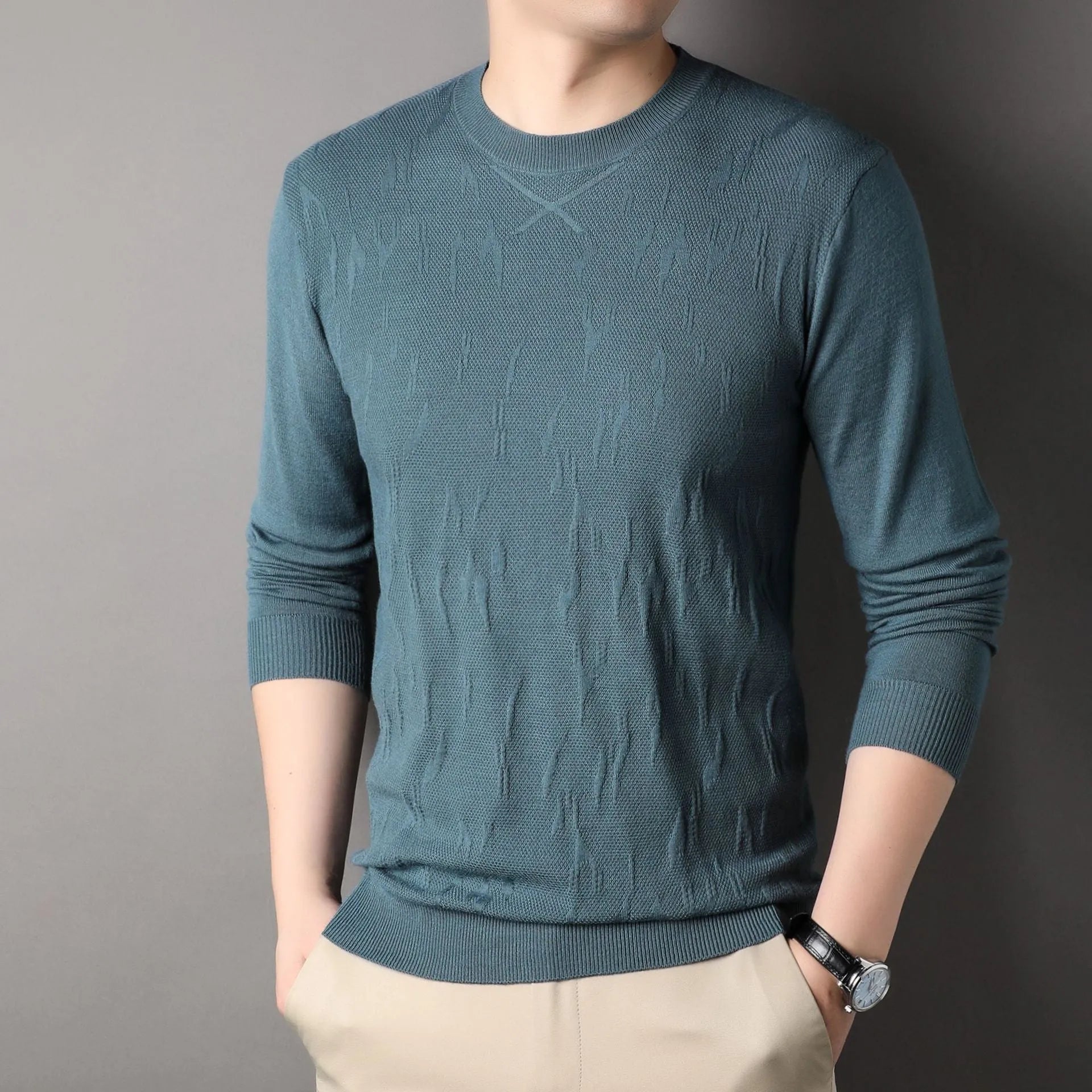 Men's loose fit solid colour long sleeve sweater in khaki, polyester fibre, front view