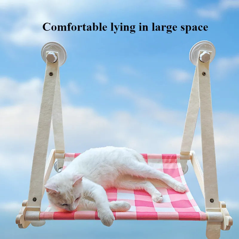 Wooden cat window hammock with linen fabric mounted by suction cups