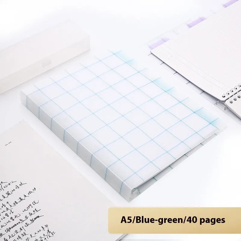 Refillable A5 and B5 spiral notebook with PP cover, shown in pastel cookie blue and plaid impression designs with loose-leaf paper.