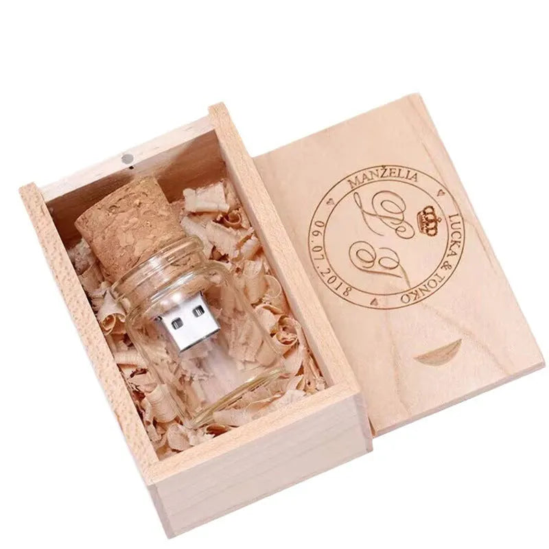 Transparent drift bottle USB flash drive with wooden stopper cap measuring 60mm tall