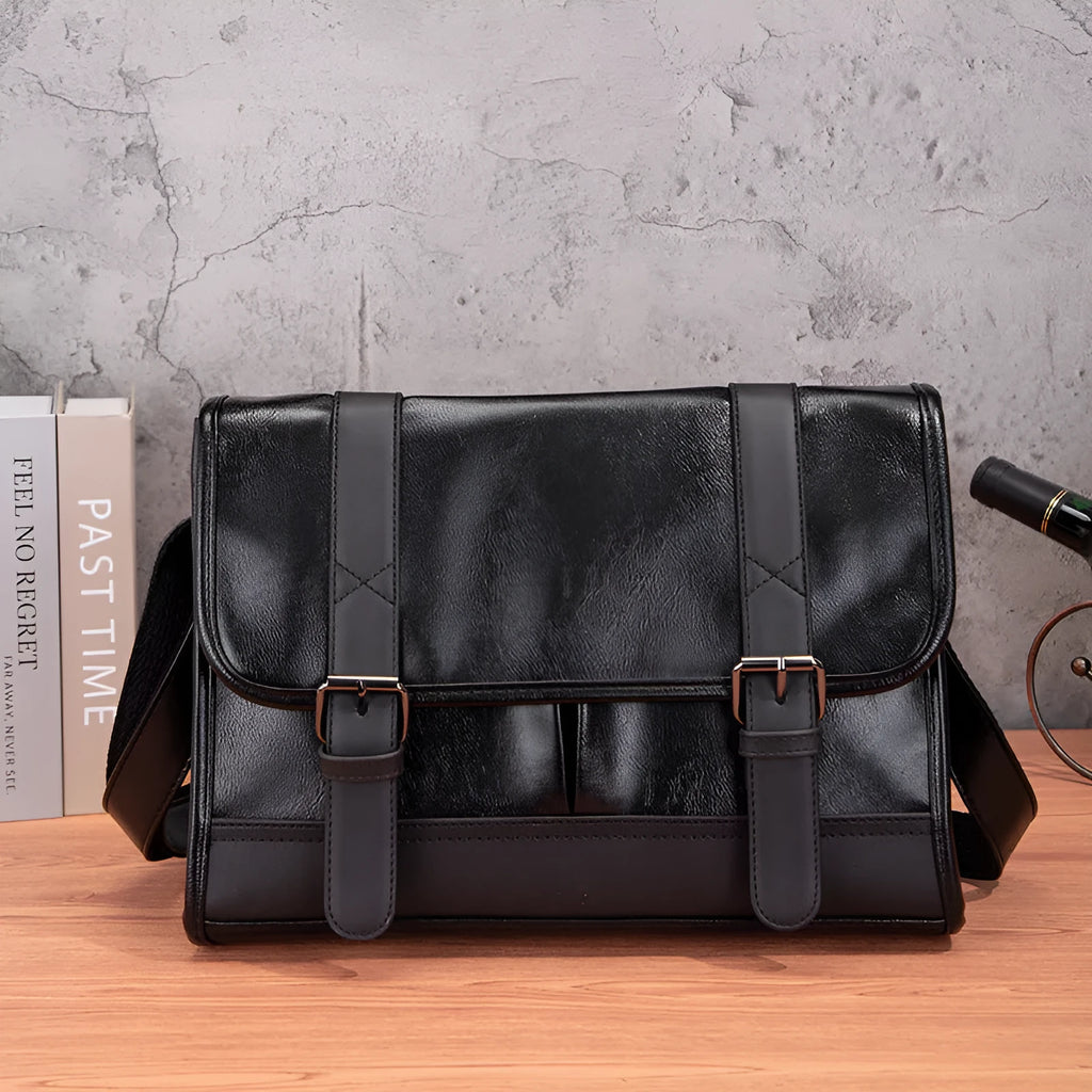 Black Korean-style men's commuter backpack with anti-theft features and sewing thread detailing