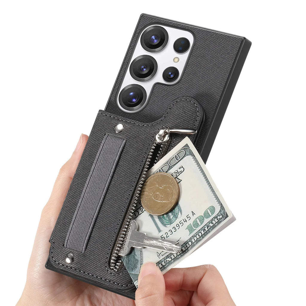 Wristband wallet card holder phone case in imitation leather with plaid embossed design for listed Samsung models