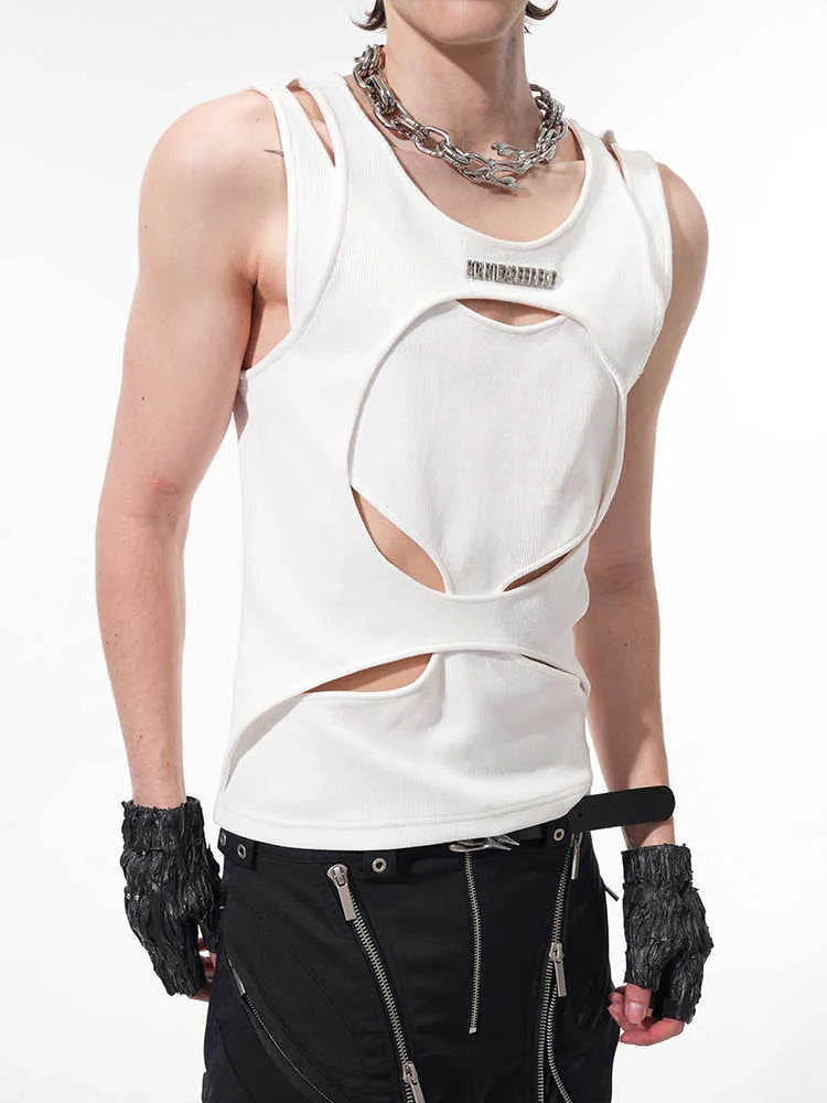 Man wearing a loose-fitting white sleeveless hollow-out thread waistcoat with a round neck.