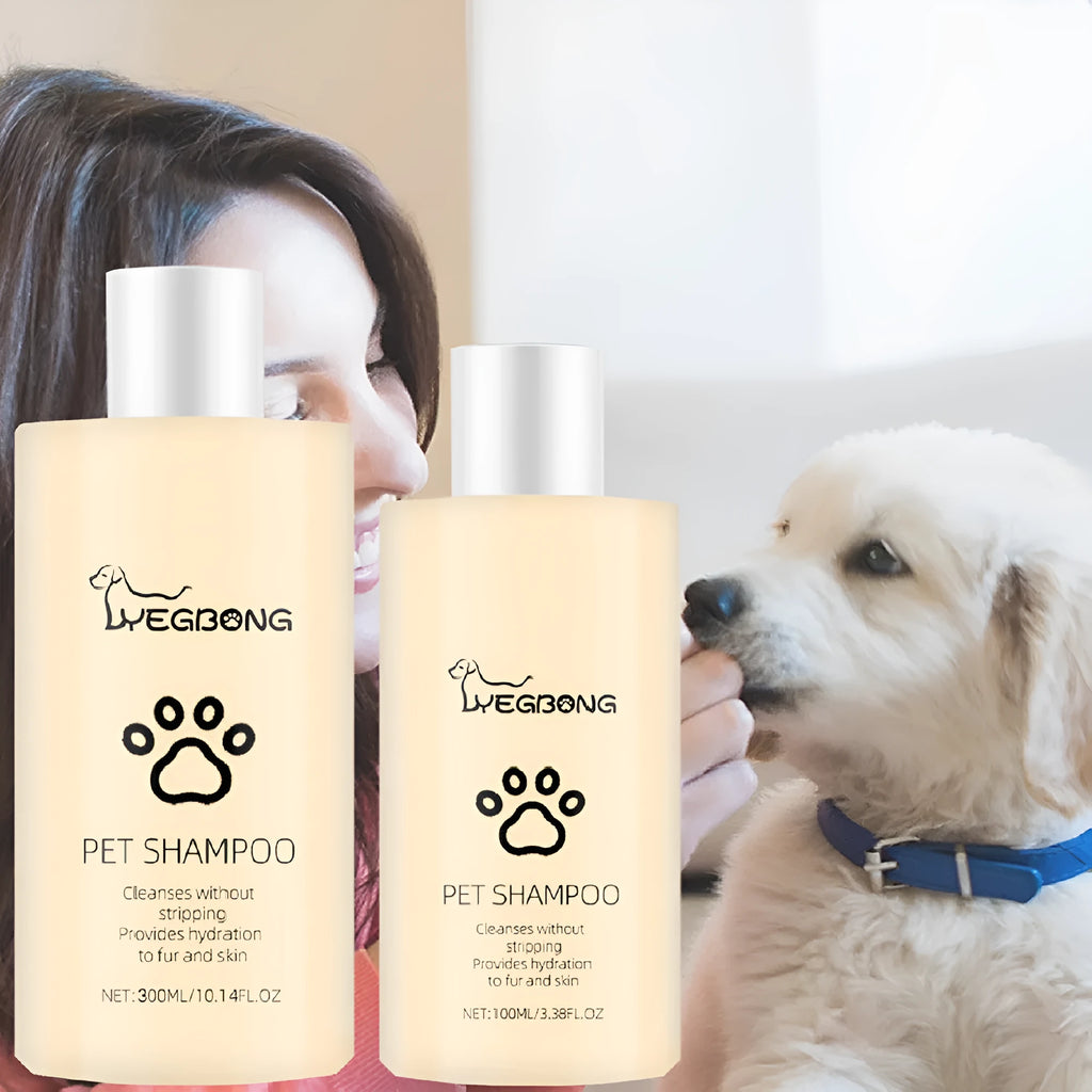 Bottle of dog shampoo for cleaning and softening fur while reducing tangles