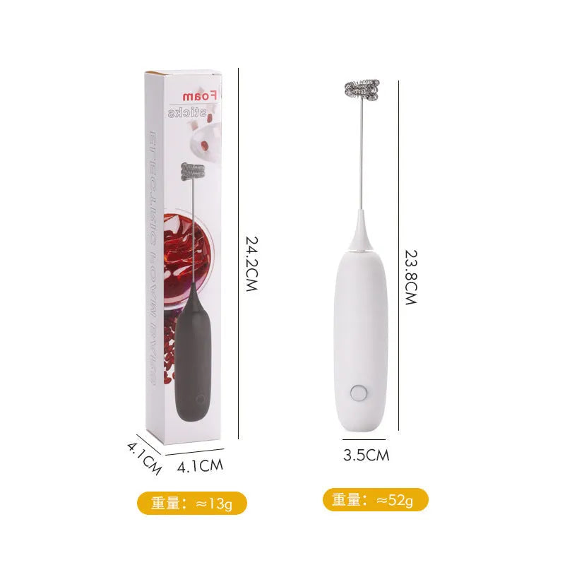 Black and white handheld electric milk frother with modern design for coffee preparation
