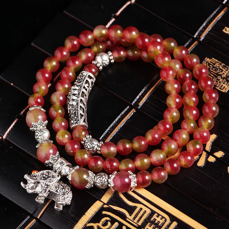 Watermelon crystal bracelet with Chinese knot closure in national style geometry shape