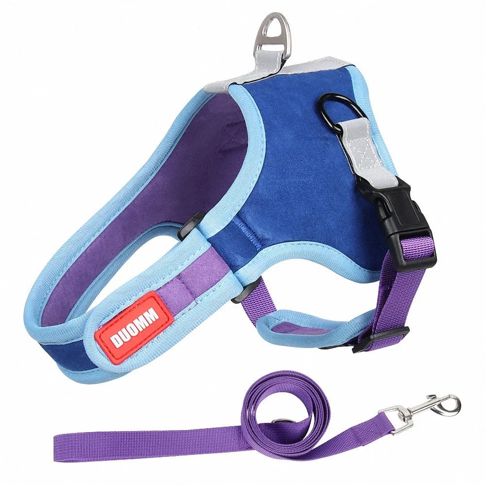 Suede dog harness adjustable chest strap in blue, dark blue, grey, red, sizes S to XL