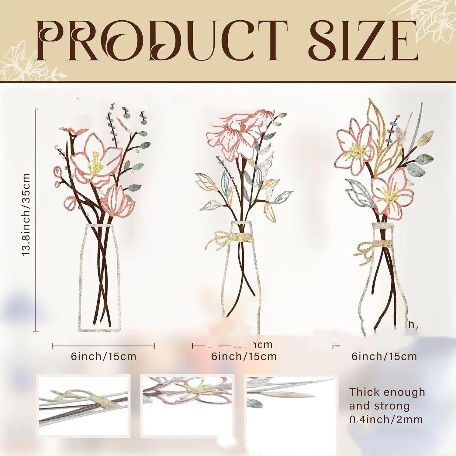 Three-piece metal flowers wall art set with rustic vase designs for country farmhouse décor