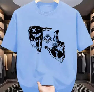 Men's grey mesh t-shirt with blue cartoon digital print, short sleeves and round neck